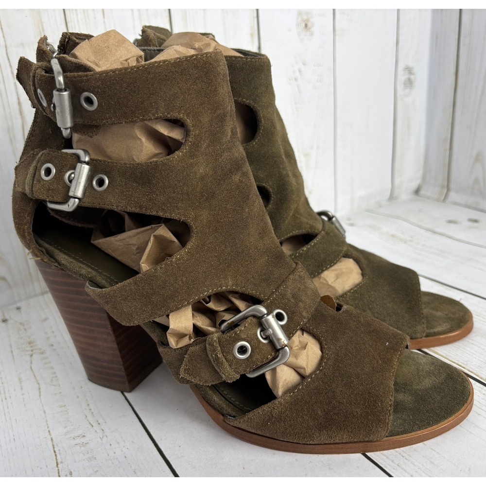 Marc Fisher Olive Green Suede Gladiator Caged Buckles Block Heel Sandals 7.5M